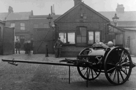 Figure 7. General Service water tank cart beside the entrance to the Stratford works, circa 1915