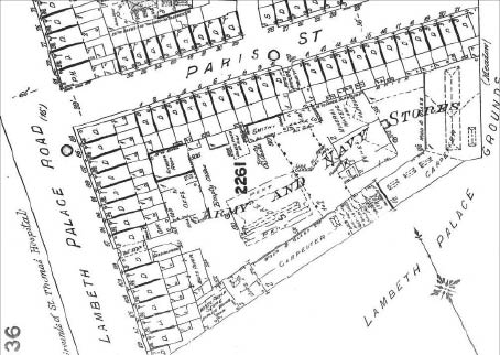 Figure 7. Goad Insurance Plan 1889 showing the location of Baker and Sons Yard. Lambeth Archives AP 88/G/1889/236